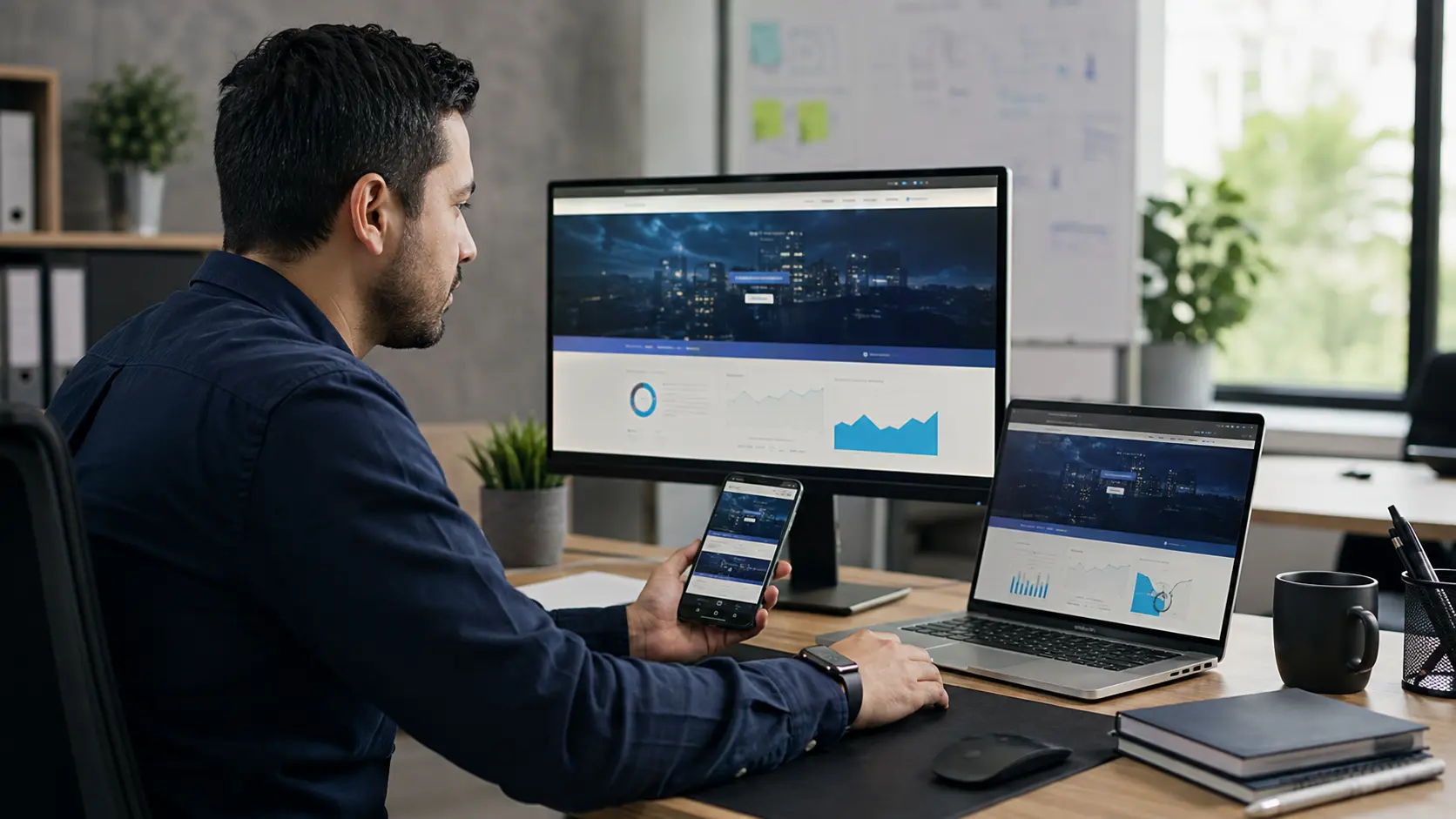 Especialista diseñando un sitio web corporativo responsivo y revisando métricas SEO