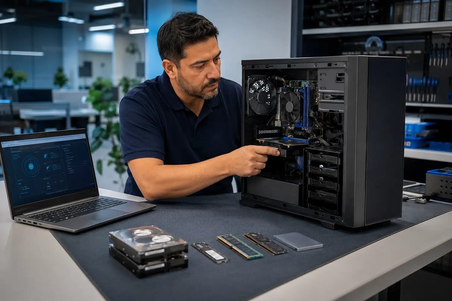 Técnico realizando mantención preventiva a un computador empresarial
