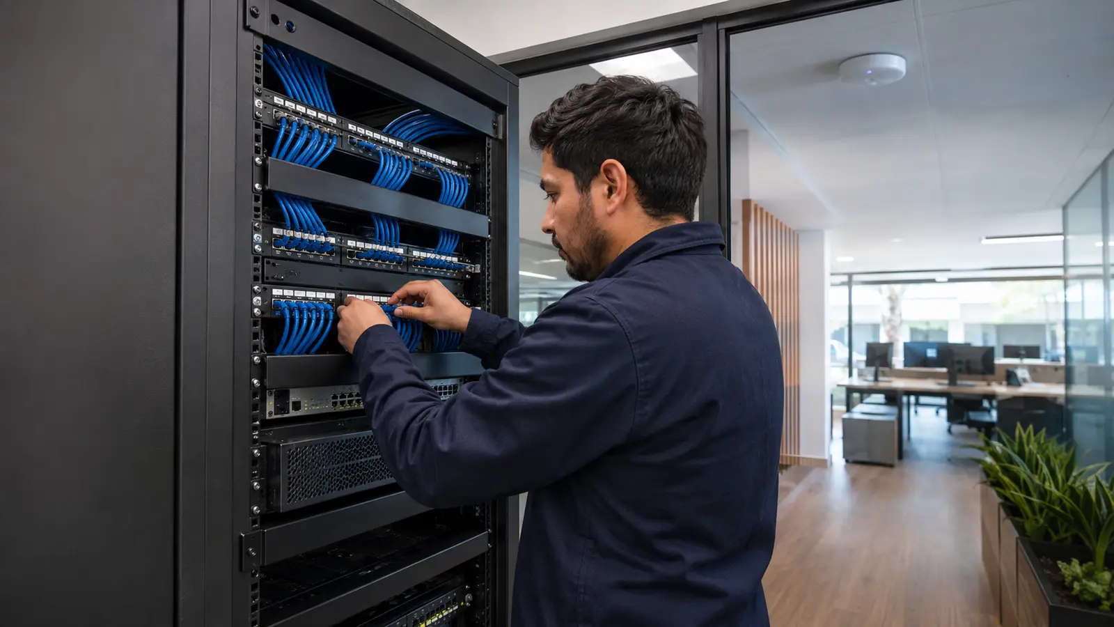 Técnico instalando cableado estructurado y switch en rack empresarial